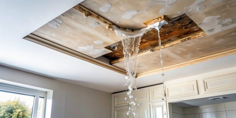 Severe ceiling water damage with active leak and collapsing drywall in Las Vegas home requiring emergency water damage restoration services