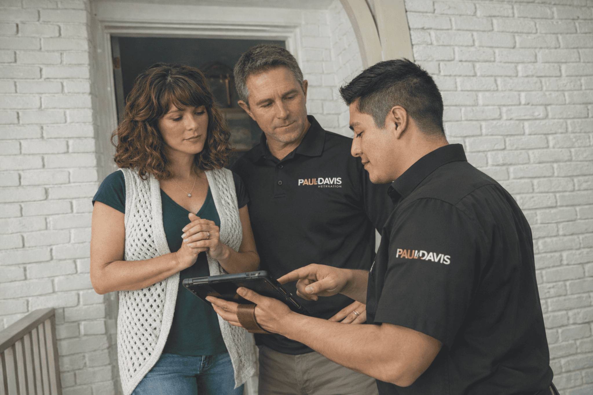 Paul Davis Restoration technician in Las Vegas reviewing damage assessment with homeowners on a tablet during residential restoration consultation